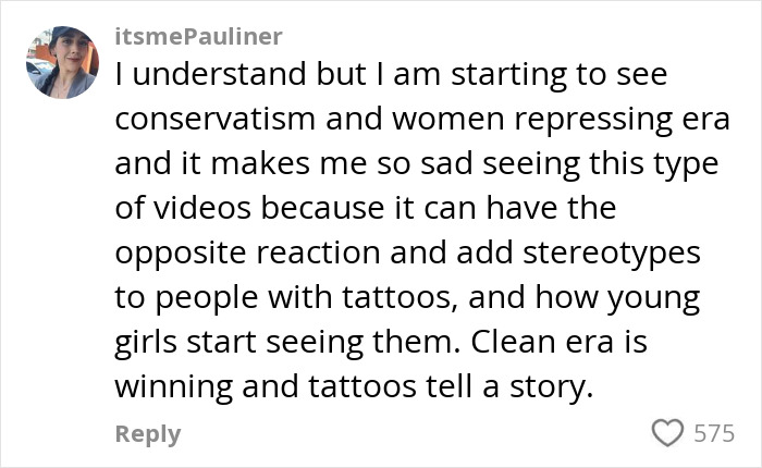 Comment discussing tattoos and stereotypes related to a mom with over 30 tattoos sparking debate. Comment discussing tattoos and stereotypes related to a mom with over 30 tattoos sparking debate.