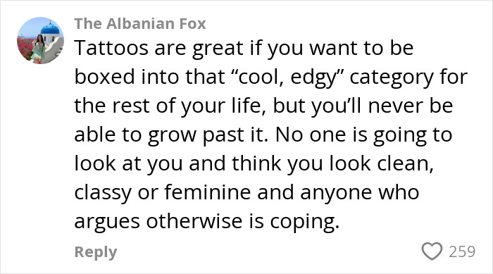Comment discussing tattoos and their impact on perception, sparking debate on tattoos and regret among moms. Comment discussing tattoos and their impact on perception, sparking debate on tattoos and regret among moms.