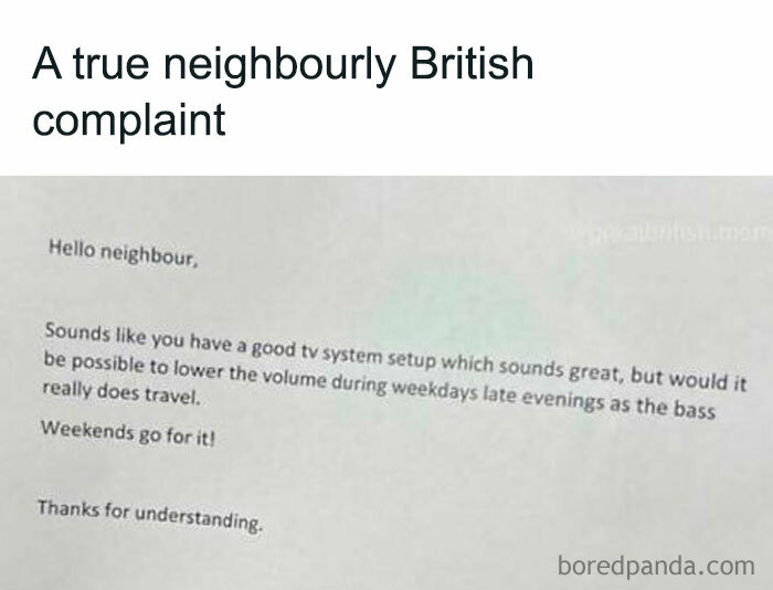 Hand holding a polite British complaint letter asking to lower TV volume during weekdays, a chaotic British meme.