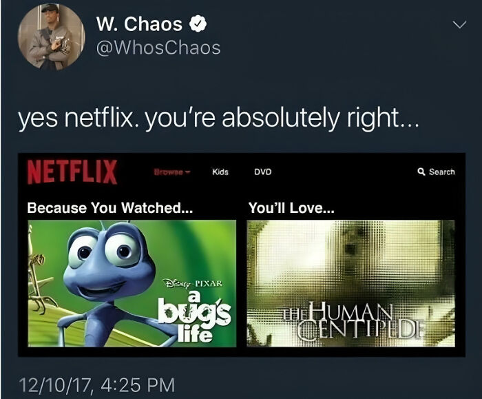 Screenshot of a Netflix recommendation meme showing a Pixar film leading to a horror movie, part of hilarious memes for cinephiles.