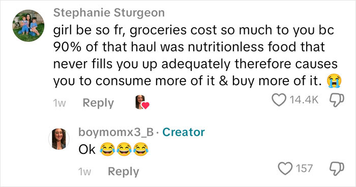 Commenters discussing the high cost of groceries and nutrition in an American family grocery haul video. Commenters discussing the high cost of groceries and nutrition in an American family grocery haul video.