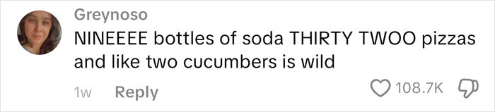 Social media comment about a large grocery haul including soda, pizzas, and cucumbers in an American family grocery haul context. Social media comment about a large grocery haul including soda, pizzas, and cucumbers in an American family grocery haul context.