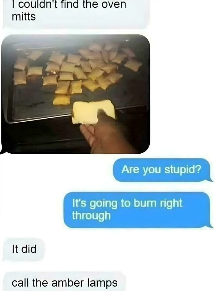 Text message conversation showing typos and a person holding a cracker in an oven, illustrating funny spelling mistakes.