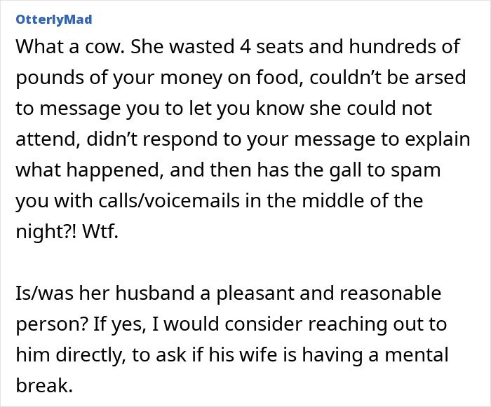 Text post showing complaint about a woman suddenly turning flaky, missing a wedding, and sending malicious voicemails. Text post showing complaint about a woman suddenly turning flaky, missing a wedding, and sending malicious voicemails.