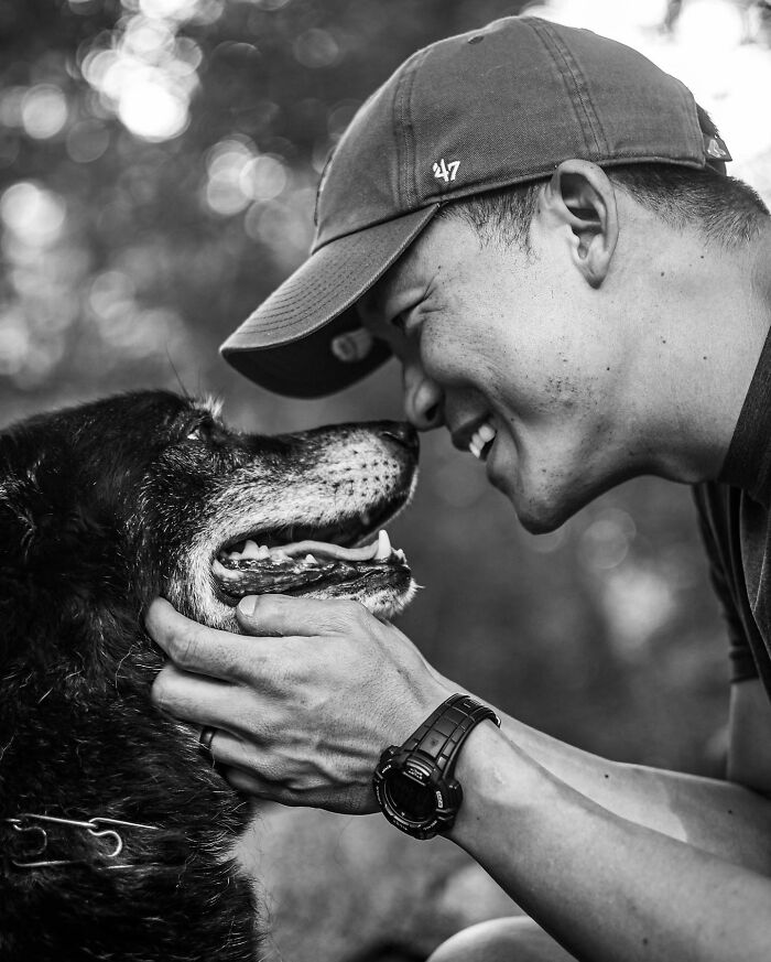 A couple sharing a tender moment with their dog, capturing touching final moments between pets and their humans.