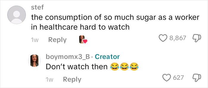 Commenter discussing sugar consumption in a healthcare worker context with a humorous reply about American family grocery haul. Commenter discussing sugar consumption in a healthcare worker context with a humorous reply about American family grocery haul.