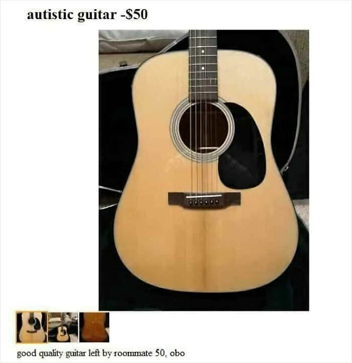 Acoustic guitar for sale with a humorous typo, illustrating common typos that question people's intelligence.