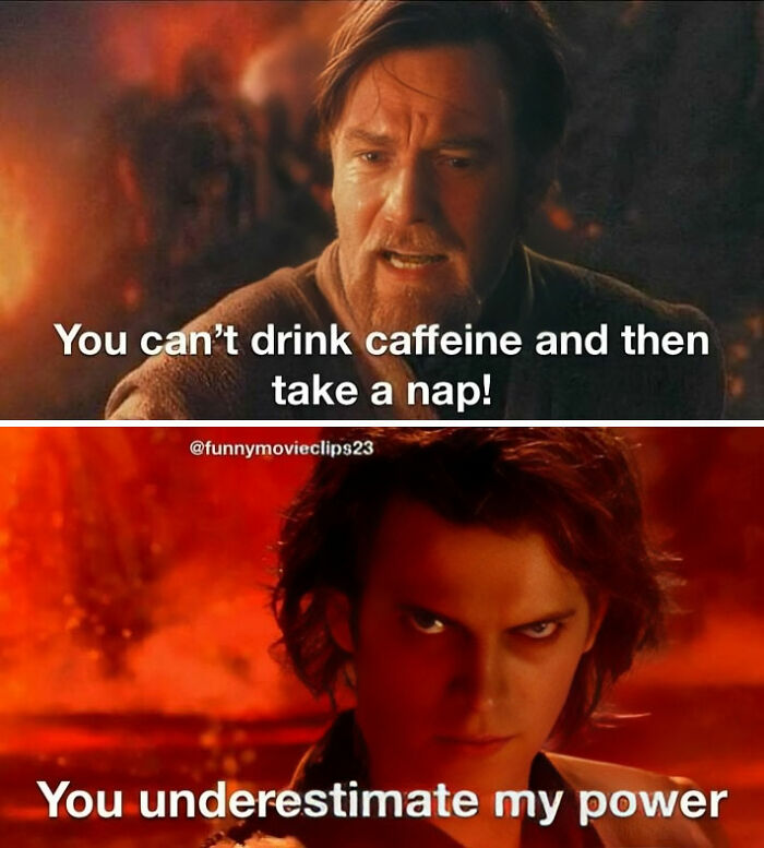 Scene from a movie meme showing two characters arguing about caffeine and naps, popular among cinephiles.