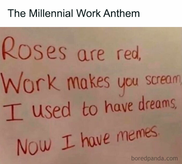 Handwritten humorous poem about work life reflecting introvert-worthy memes that are funny and relatable.