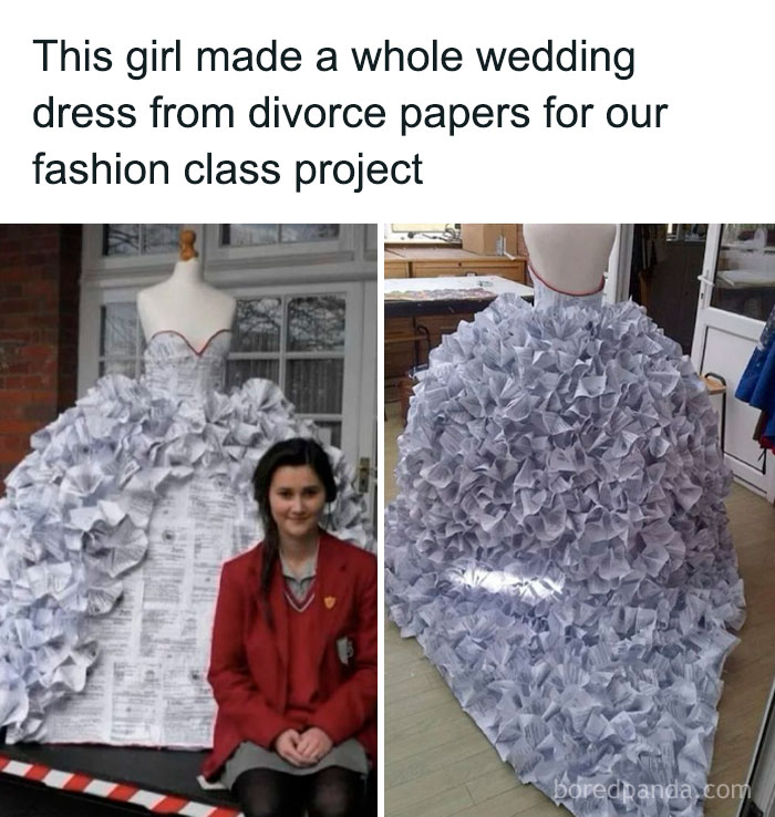 Creative crafty wedding dress made from divorce papers for a unique fashion class project displayed on mannequins.
