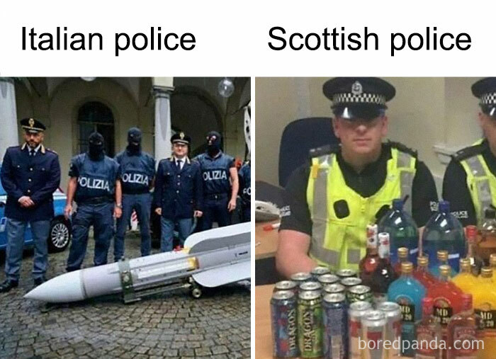 Comparison meme showing Italian police with a missile and Scottish police with seized alcohol, featuring chaotic British memes humor.
