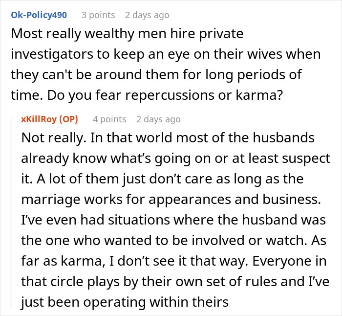 Commenter discussing experiences with wealthy married women and private investigators in intimate relationships.