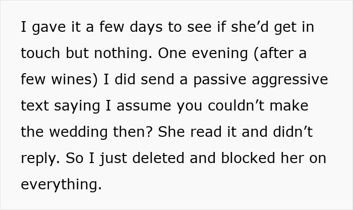 Text message about a woman turning flaky, missing her friend’s wedding, and sending a malicious voicemail. Text message about a woman turning flaky, missing her friend’s wedding, and sending a malicious voicemail.