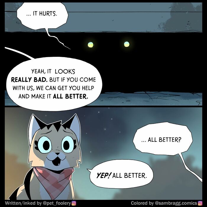 Black cat and dog with glowing eyes investigating watermelon slice with buzzing flies in a pet foolery comic style.