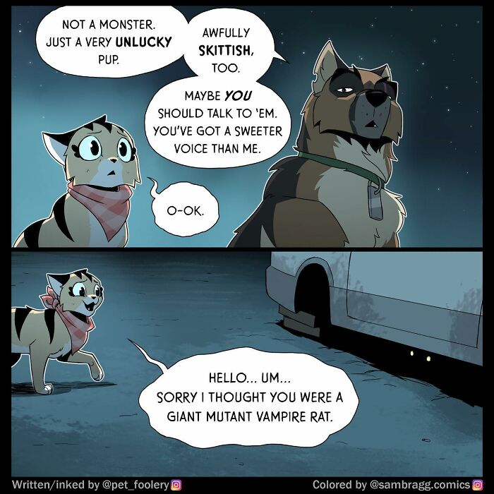 Black cat and dog with glowing eyes investigating watermelon slice with buzzing flies in a pet foolery comic style.