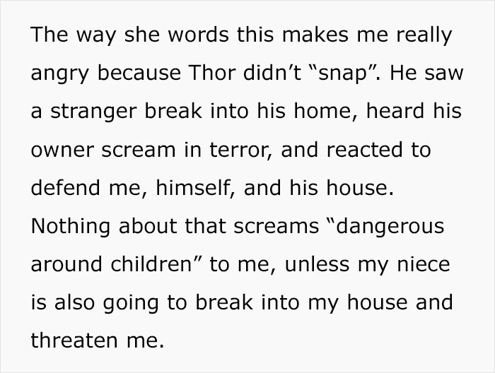 Text discussing dog defending owner from intruder, labeled too dangerous to be around children despite protective instincts. Text discussing dog defending owner from intruder, labeled too dangerous to be around children despite protective instincts.