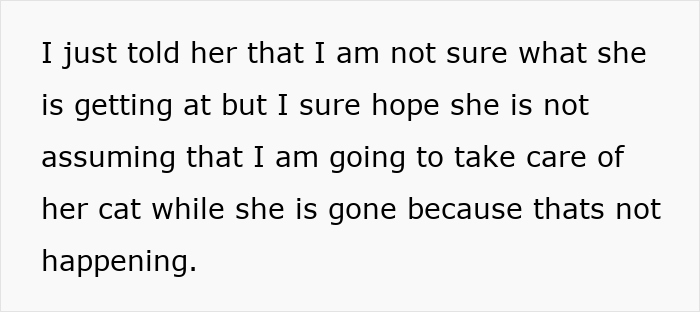 Text message discussing refusal to take care of roommate's cat or handle litter box duties during family vacation plans.