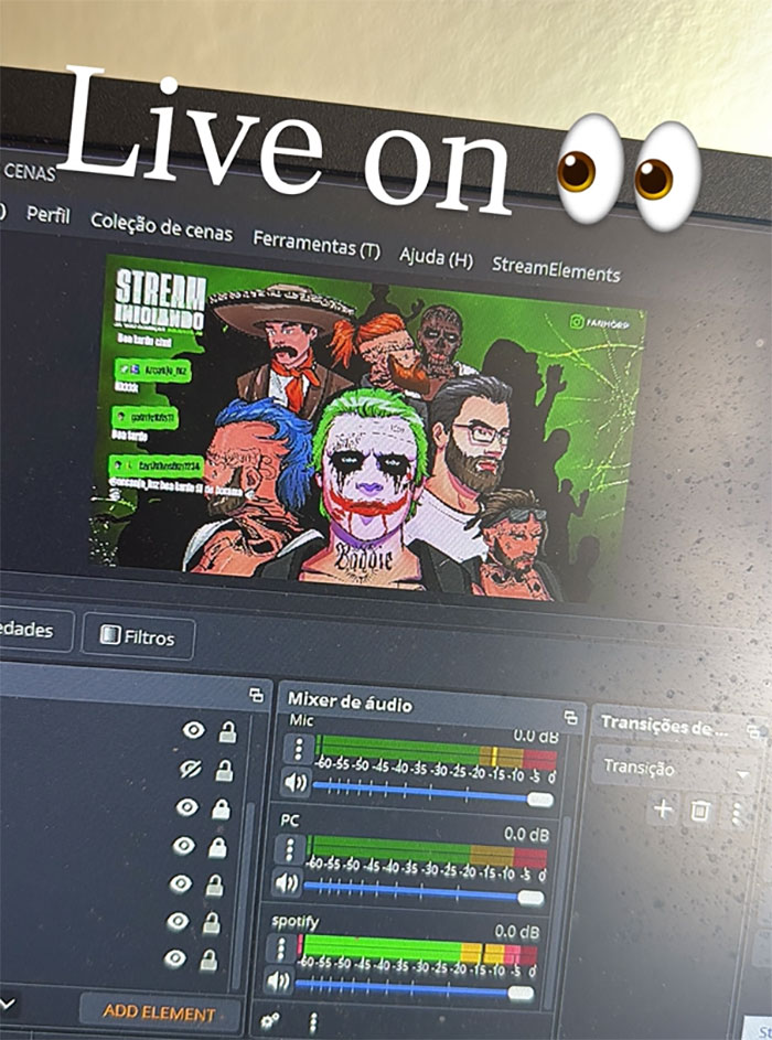 Streaming software interface showing animated characters on screen with audio mixer and live streaming status. Streaming software interface showing animated characters on screen with audio mixer and live streaming status.