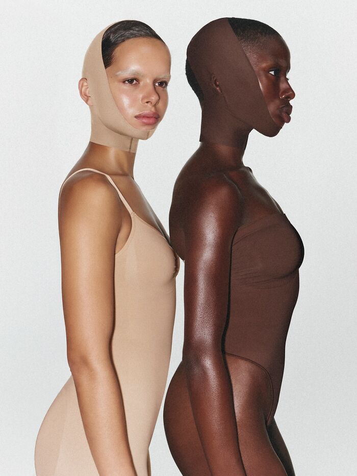 Two models wearing skin-tone beauty shaping products, highlighting viral beauty product trends. Two models wearing skin-tone beauty shaping products, highlighting viral beauty product trends.