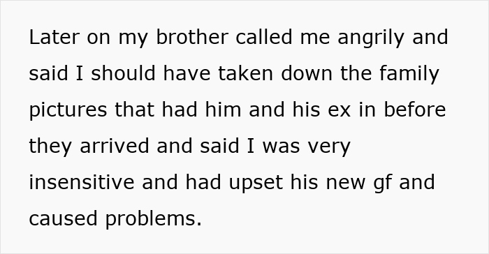 Text message describing a brother upset over family pictures of his ex at a sister’s BBQ causing problems with new flame. Text message describing a brother upset over family pictures of his ex at a sister’s BBQ causing problems with new flame.