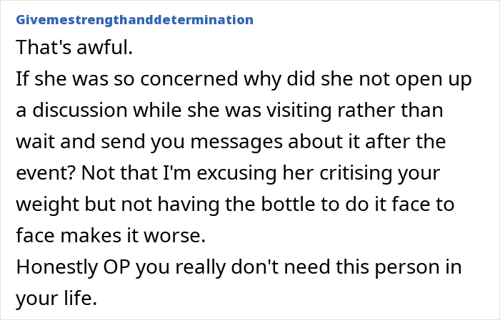 Commenter responding to a story about a woman being told to lose weight by a good friend after 7 years. Commenter responding to a story about a woman being told to lose weight by a good friend after 7 years.