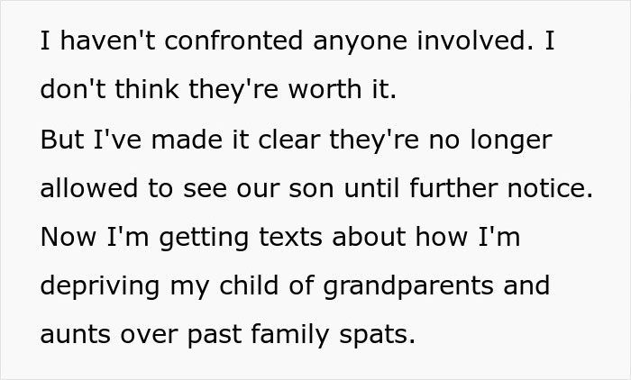 Text excerpt about a man banning his wife’s family from seeing their son after learning about secret cyber-bullying. Text excerpt about a man banning his wife’s family from seeing their son after learning about secret cyber-bullying.