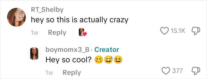 Comments on a social media post with one user expressing amazement and the creator replying with emojis about an American family grocery haul. Comments on a social media post with one user expressing amazement and the creator replying with emojis about an American family grocery haul.