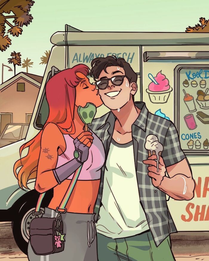 Beast Boy and Raven from Teen Titans sitting in front of a fan, showcasing Gabriel Picolo's relatable visual storytelling.