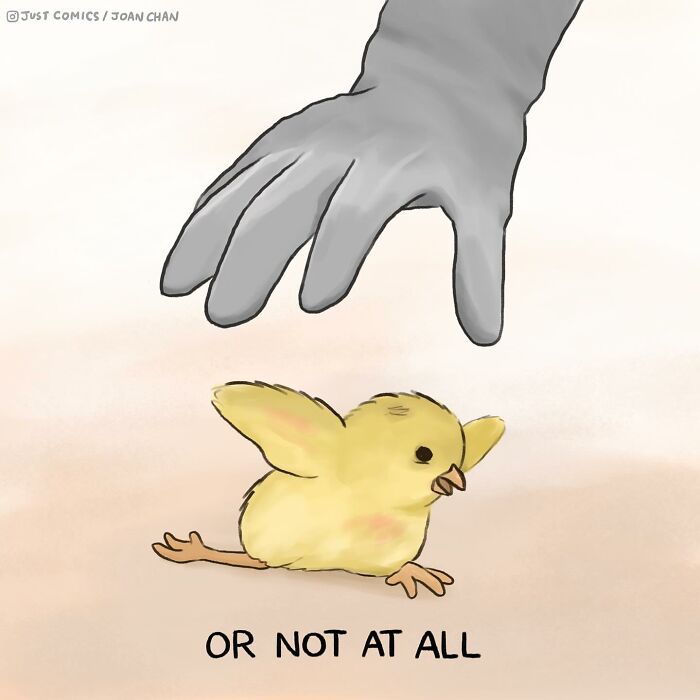 Comic depicting a sad chick with leg pain, highlighting the sad reality of many animals and their health issues.