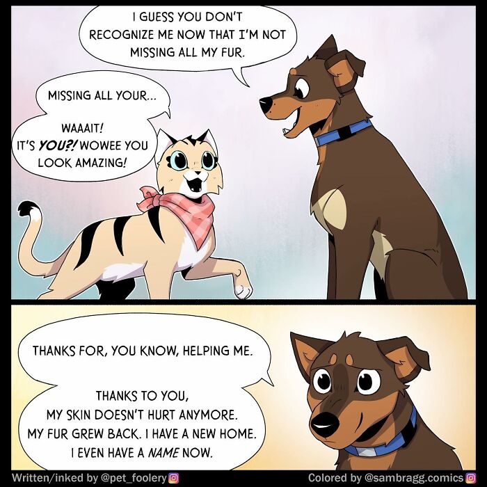 Comic scene from Pet Foolery showing a person with a wrapped present and pets reacting with curiosity and excitement.