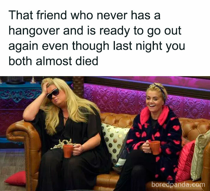 Two friends on a couch, one tired and one energetic, illustrating relatable friendship memes about hangovers and going out again.