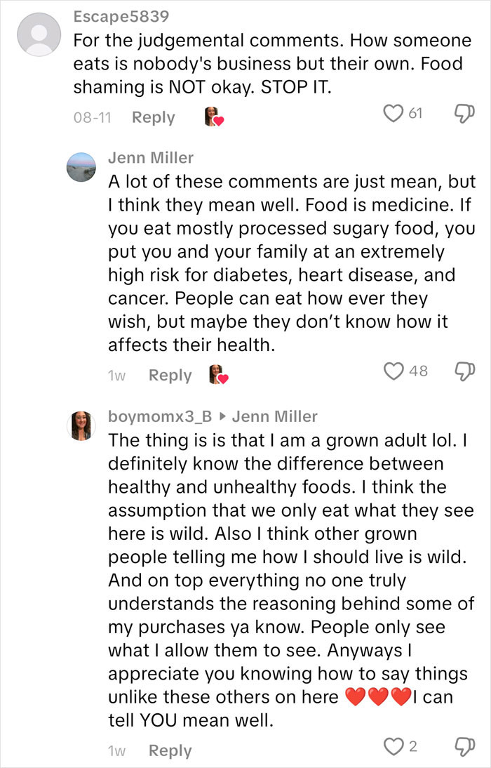 Comments discussing food choices and health concerns in an American family grocery haul conversation thread. Comments discussing food choices and health concerns in an American family grocery haul conversation thread.