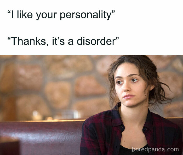 Young woman with a serious expression in a relatable friendship meme about personality and disorder humor.