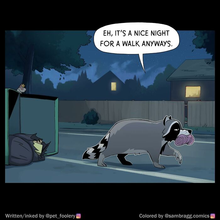 Comic panels showing a raccoon discovering a ball of yarn, highlighting relatable pet foolery moments in a humorous scene.
