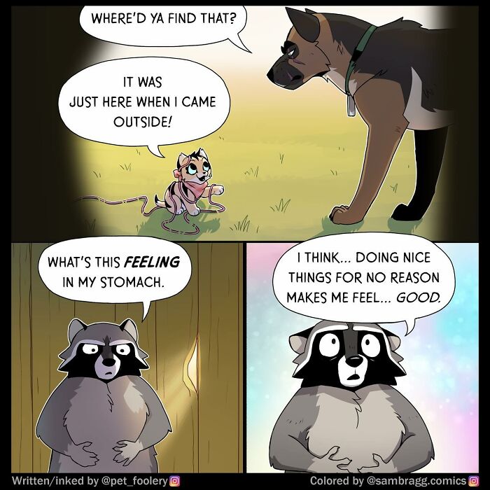 Comic panels showing a raccoon discovering a ball of yarn, highlighting relatable pet foolery moments in a humorous scene.