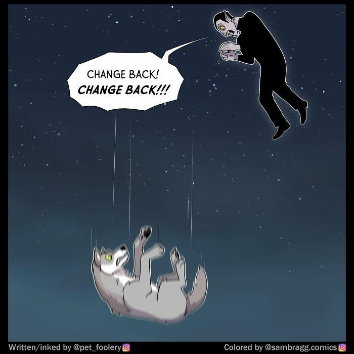 Two dark-clad characters with glowing eyes in a night scene, with one excitedly saying he can fly in a comic style.