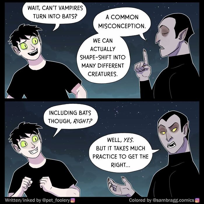 Two dark-clad characters with glowing eyes in a night scene, with one excitedly saying he can fly in a comic style.