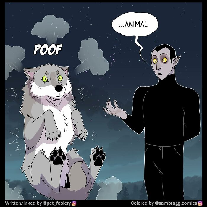 Two dark-clad characters with glowing eyes in a night scene, with one excitedly saying he can fly in a comic style.