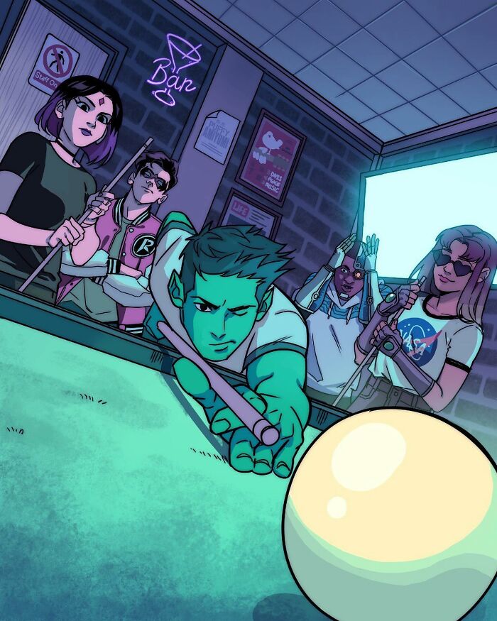 Teen Titans characters drawn by Gabriel Picolo, shown as relatable young heroes in a vibrant car scene.