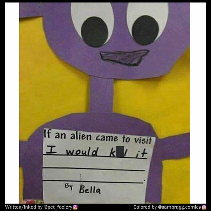 Comic panel showing a parent-teacher conference with a teacher discussing a student’s concerning arts and crafts project.