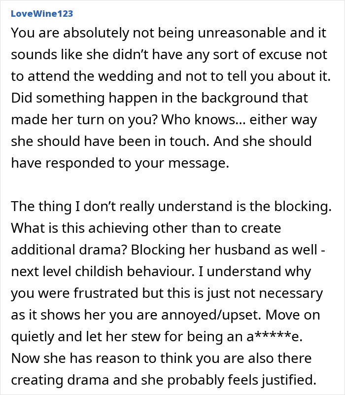 Alt text: Screenshot of a forum comment discussing a woman’s flaky behavior and missed wedding causing drama and upset feelings. Alt text: Screenshot of a forum comment discussing a woman’s flaky behavior and missed wedding causing drama and upset feelings.