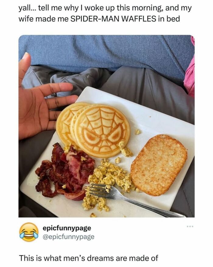 Breakfast with Spider-Man waffles, bacon, scrambled eggs, and hash browns in a funny post to fight boredom and entertain viewers.