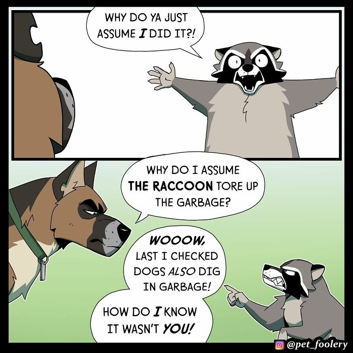 Two-panel Pet Foolery comic showing a dog looking suspiciously at a tipped-over trash can with scattered garbage.