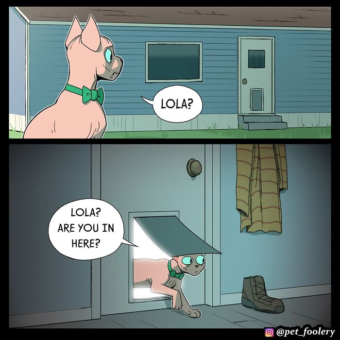 Cat relaxing in a peaceful yard with funny expression in a Pet Foolery comic strip about tranquility and suspicion.