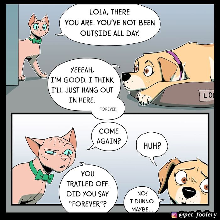 Cat relaxing in a peaceful yard with funny expression in a Pet Foolery comic strip about tranquility and suspicion.