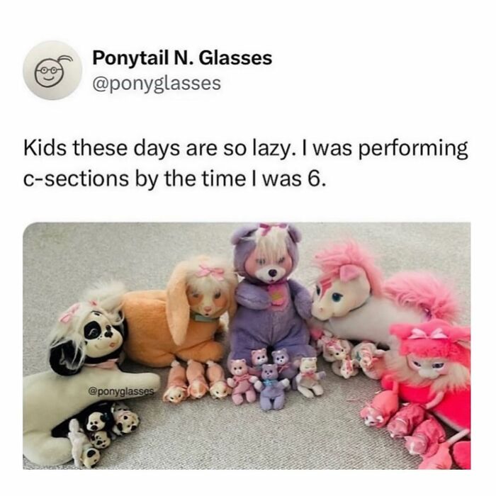 Parenting meme showing stuffed animals pretending to perform c-sections, highlighting funny parenting moments and humor.