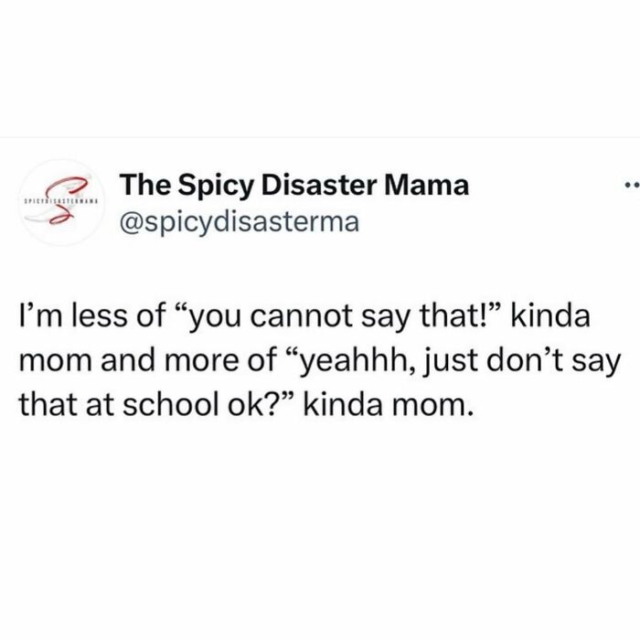Funny parenting meme about a mom advising her child to avoid saying certain things at school, highlighting real parenting humor.