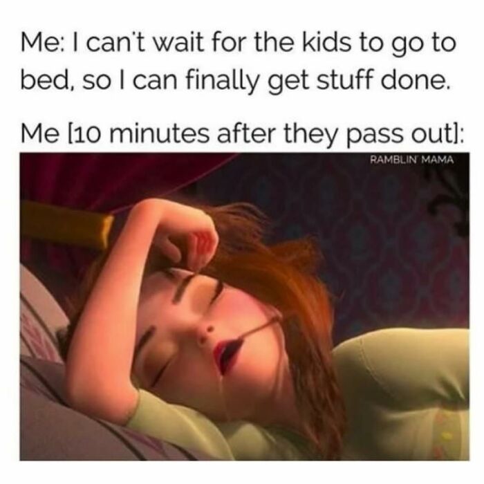 Parent exhausted and asleep shortly after kids go to bed, humor from funny parenting memes about real-life challenges.