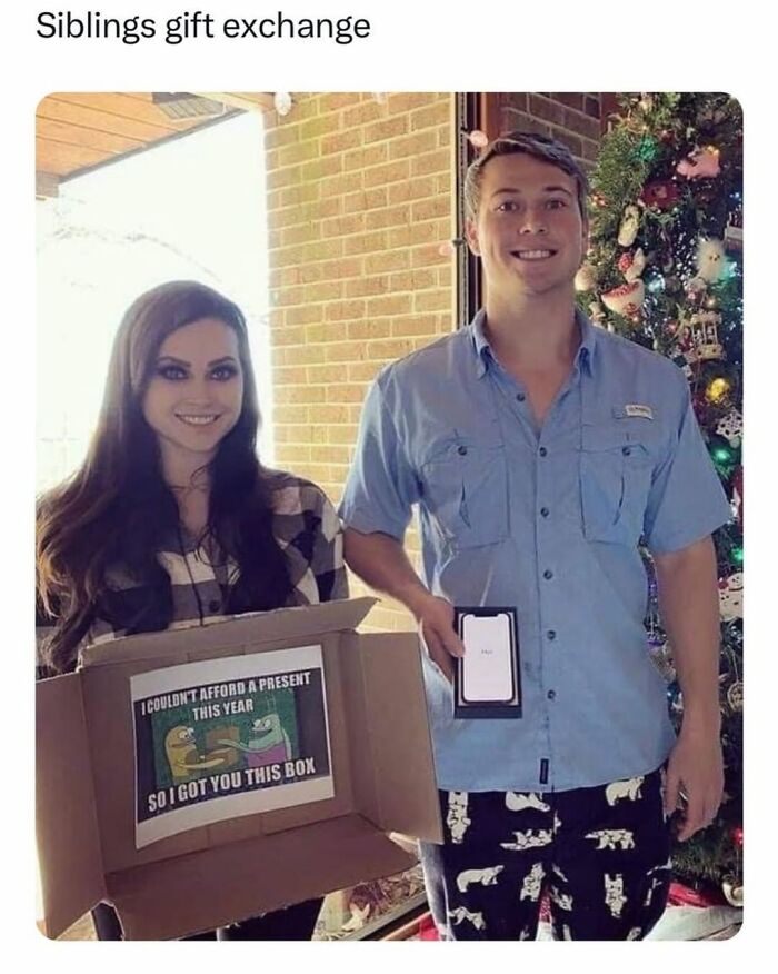 Two siblings exchanging gifts with a humorous meme box and a new smartphone, showcasing entertaining posts to fight boredom.