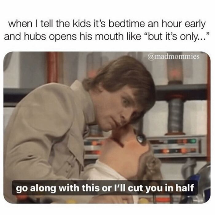 Funny parenting meme showing a man threatening a puppet humorously about enforcing early bedtime rules.